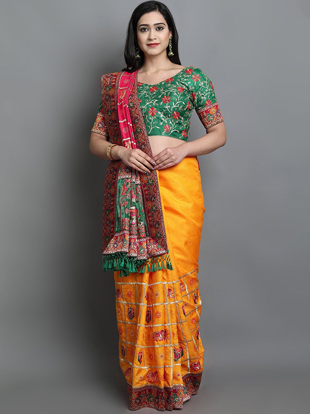Ekta Textiles Yellow & Green Woven Design Zari Silk Blend Saree Price in India