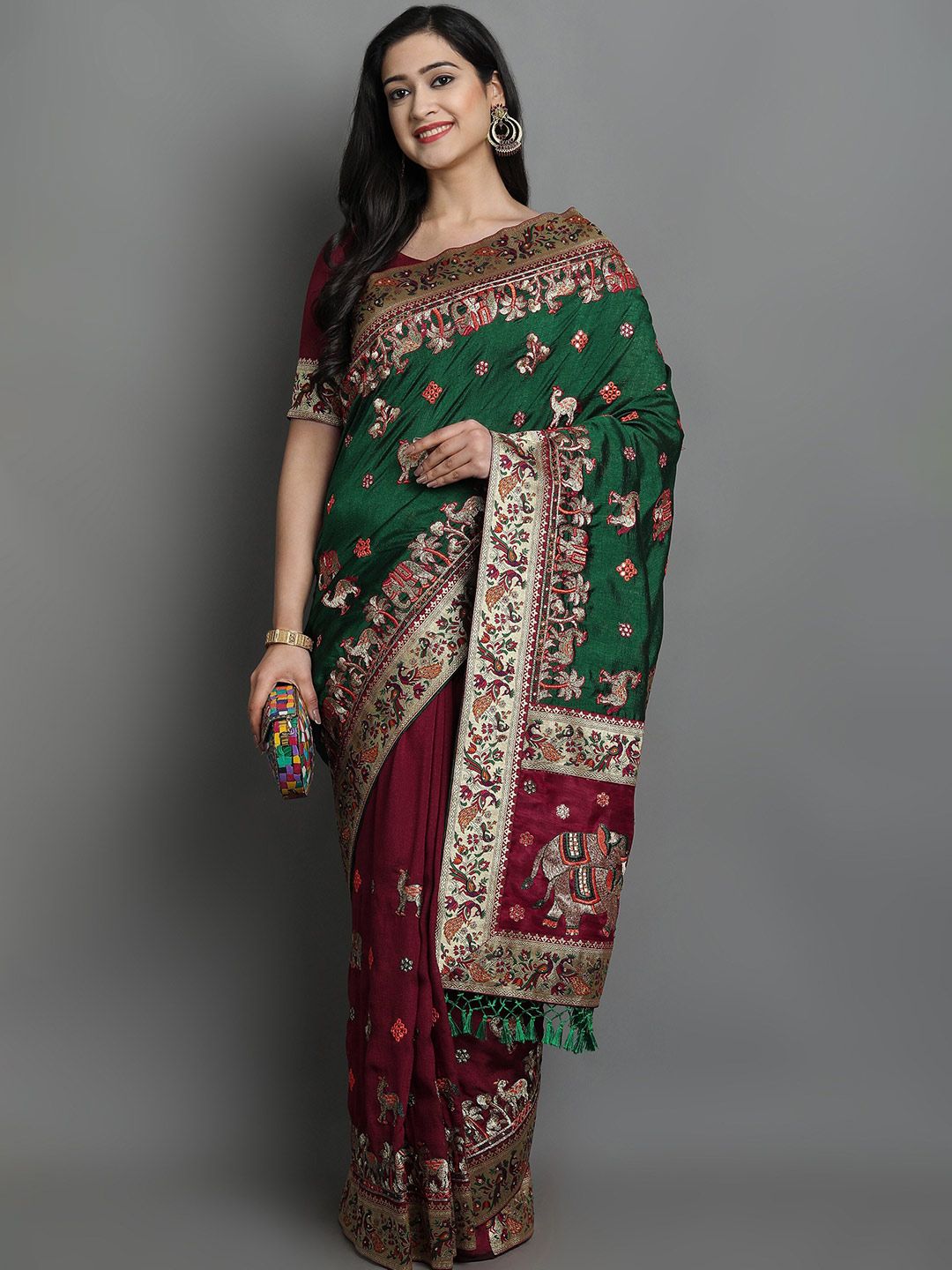 Ekta Textiles Green & Maroon Woven Design Embroidered Silk Blend Half and Half Patola Saree Price in India