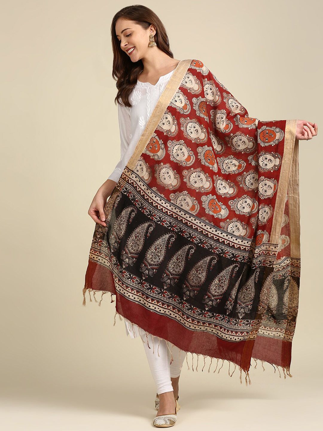 Dupatta Bazaar Maroon & Cream-Coloured Ethnic Motifs Dyed Pure Cotton Kalamkari Dupatta Price in India