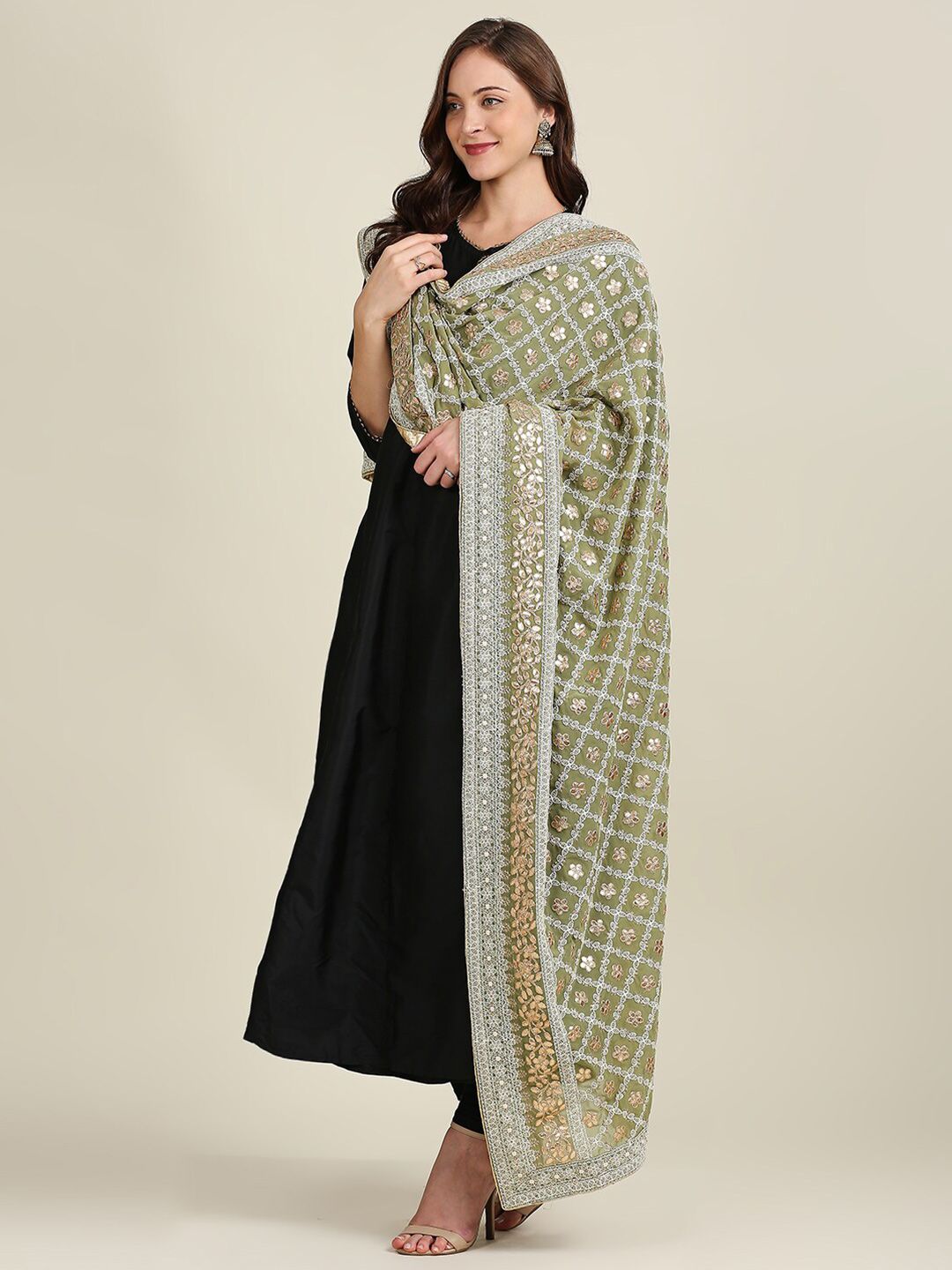 Dupatta Bazaar Olive Green & Gold-Toned Embroidered Dupatta with Sequinned Price in India