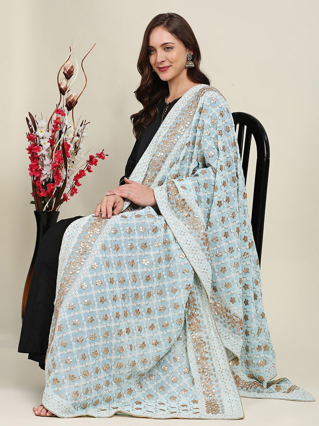 Dupatta Bazaar Blue & White Embroidered Dupatta with Chikankari Price in India