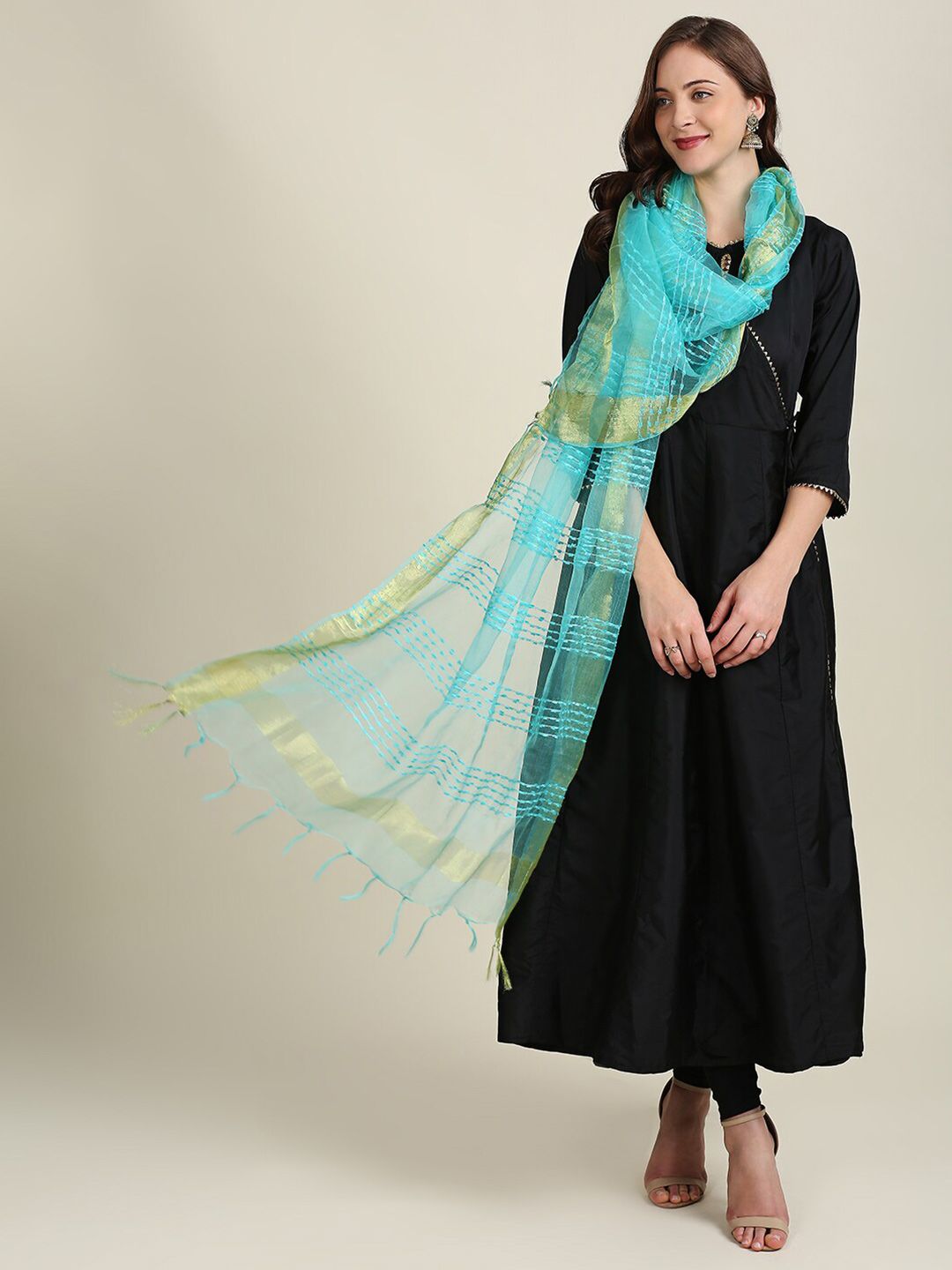 Dupatta Bazaar Blue & Gold-Toned Woven Design Organza Dupatta Price in India