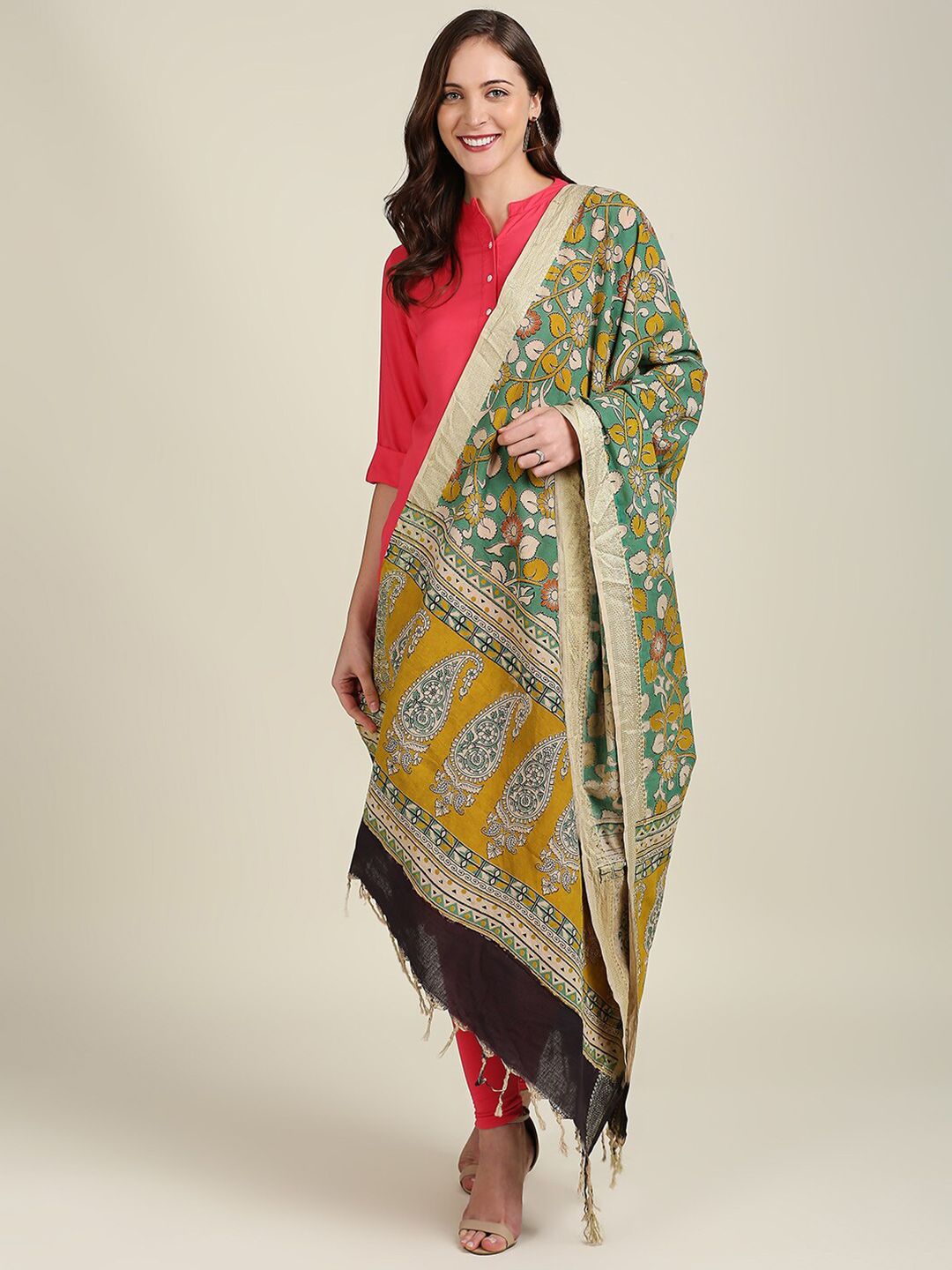 Dupatta Bazaar Green & Yellow Dyed Pure Cotton Kalamkari Dupatta Price in India