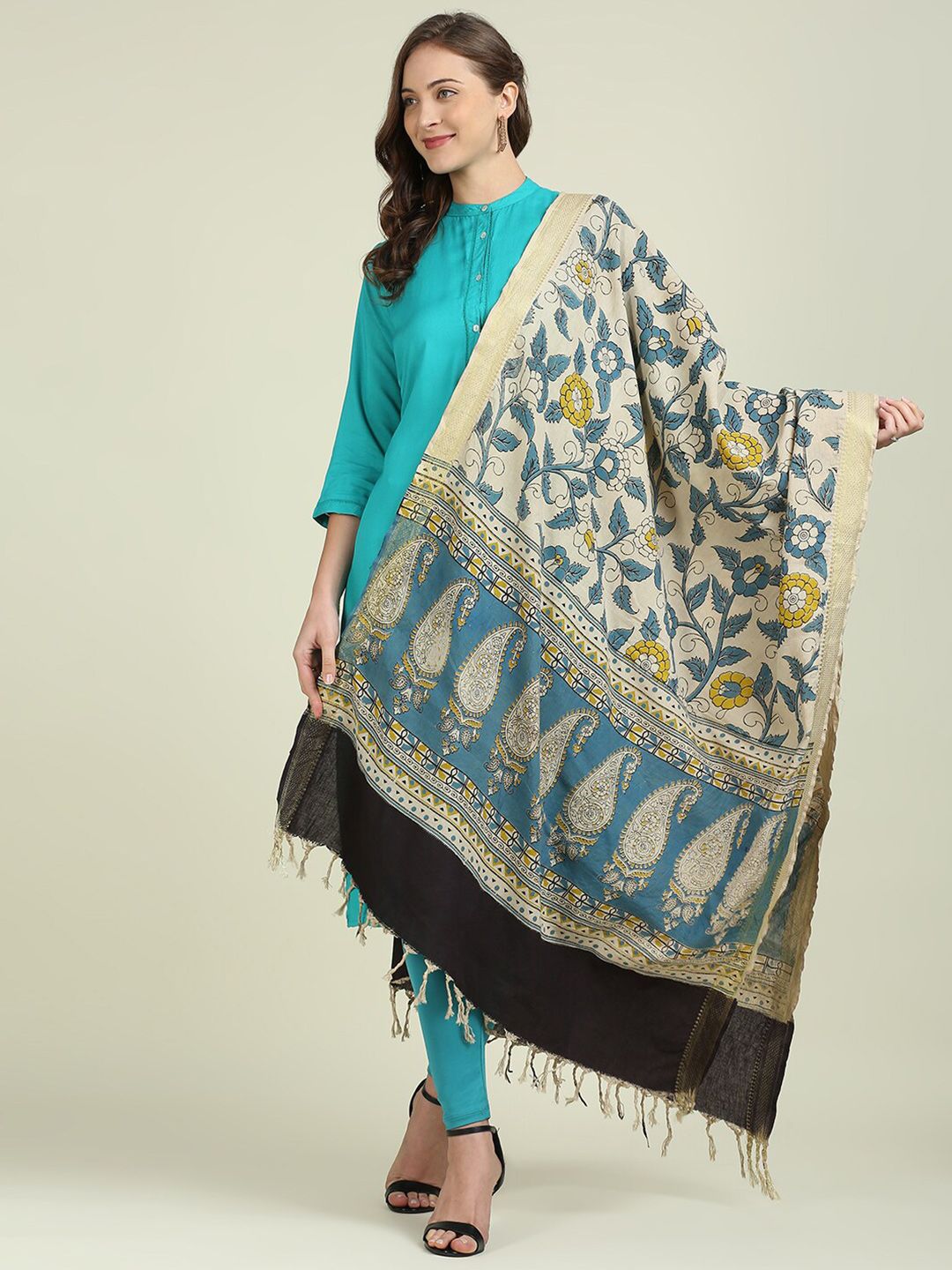 Dupatta Bazaar Beige & Blue Printed Pure Cotton Kalamkari Dupatta Price in India