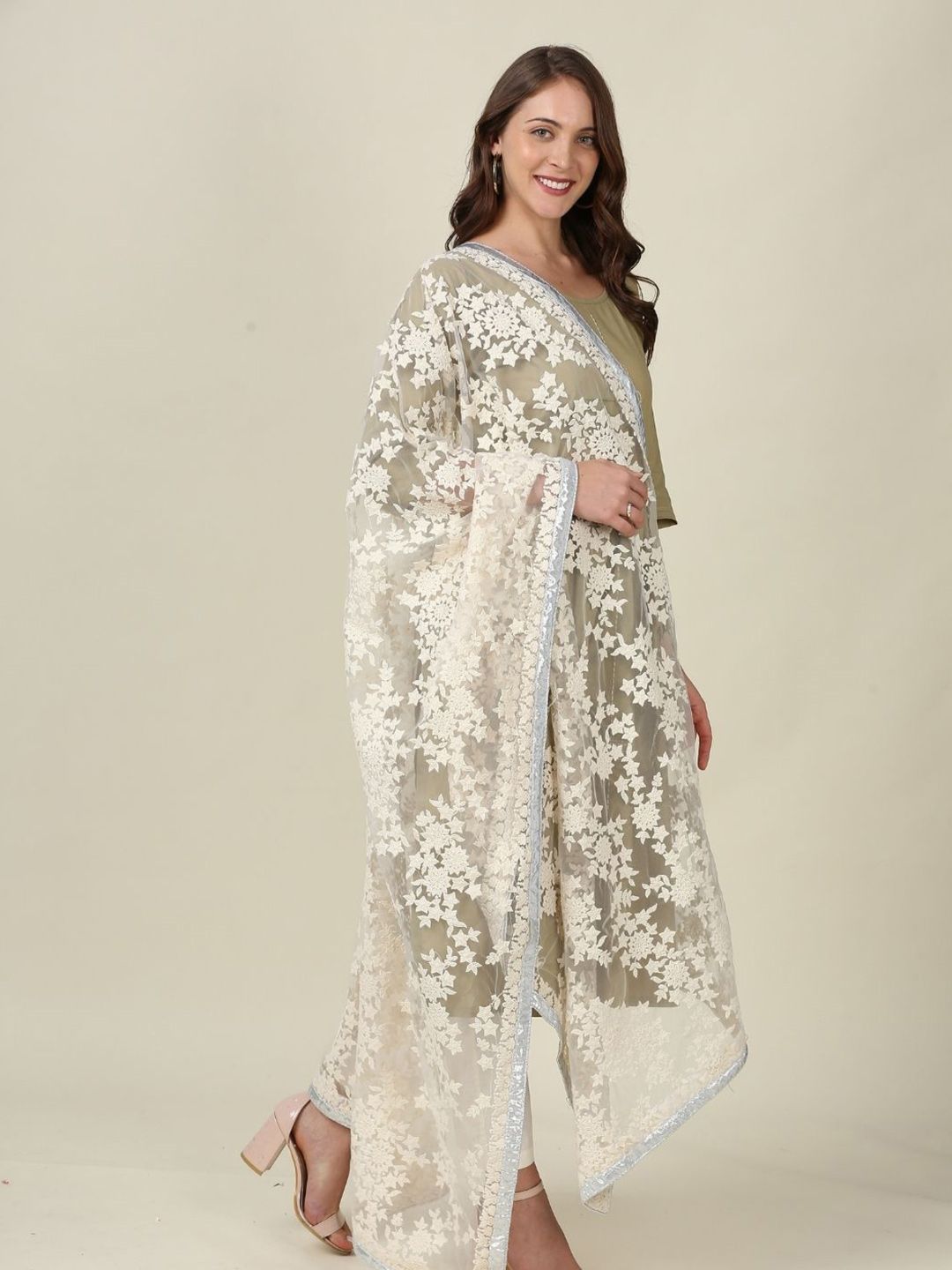 Dupatta Bazaar Women's Off White Embroidered dupatta with Silver dupatta Price in India