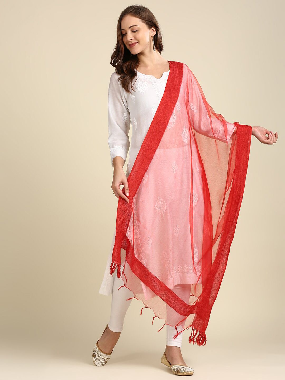 Dupatta Bazaar Red Solid Organza Dupatta Price in India