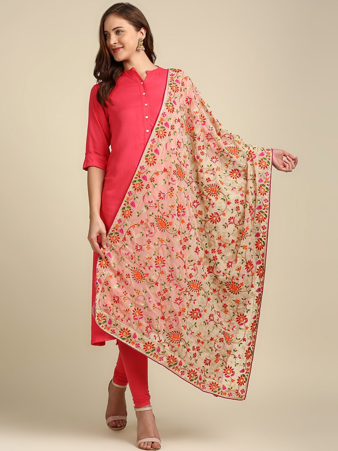 Dupatta Bazaar Women Beige & Red Embroidered Dupatta Price in India
