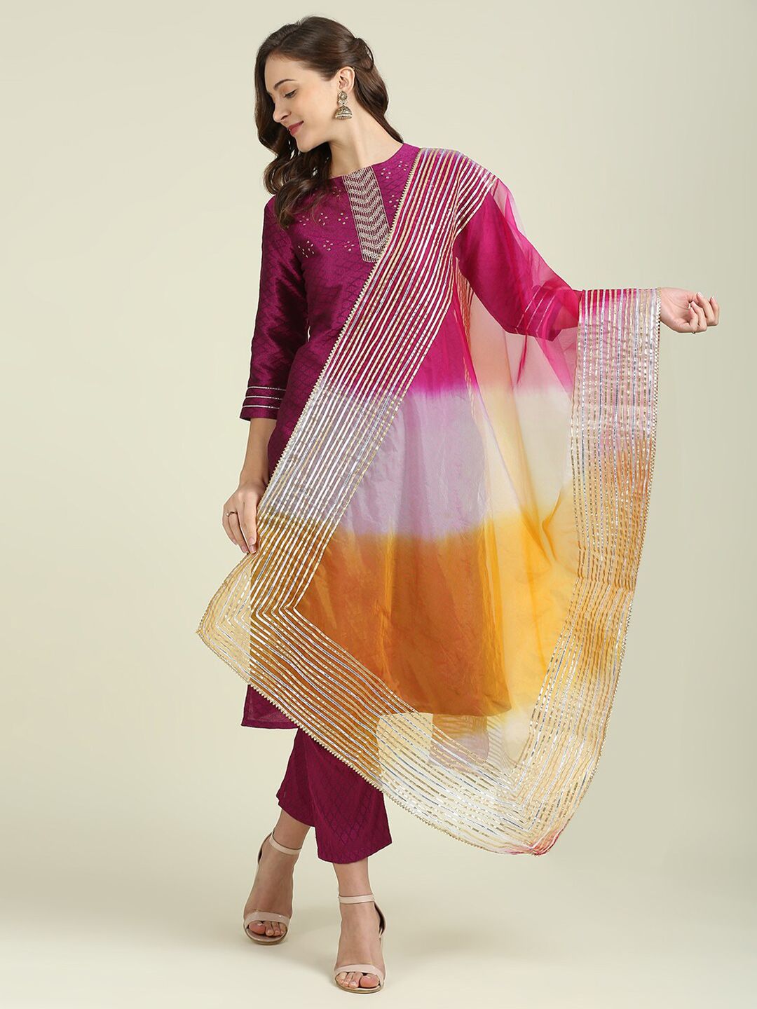 Dupatta Bazaar Pink & Orange Dyed Organza Dupatta with Gotta Patti Price in India