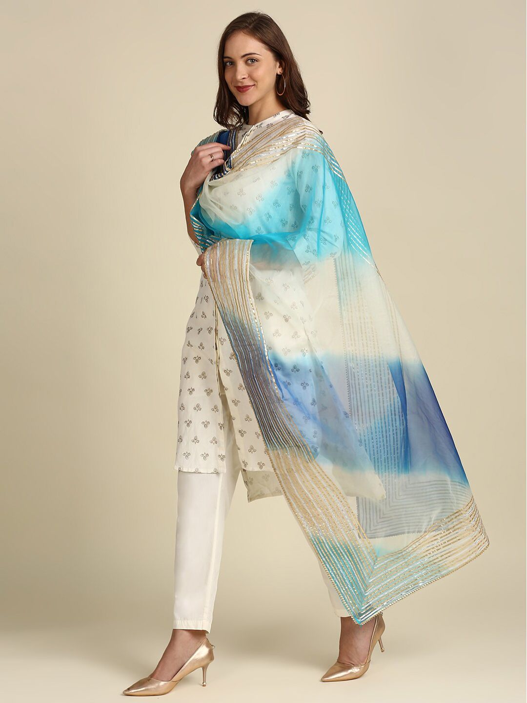 Dupatta Bazaar Blue & White Dyed Organza Dupatta with Zardozi Price in India