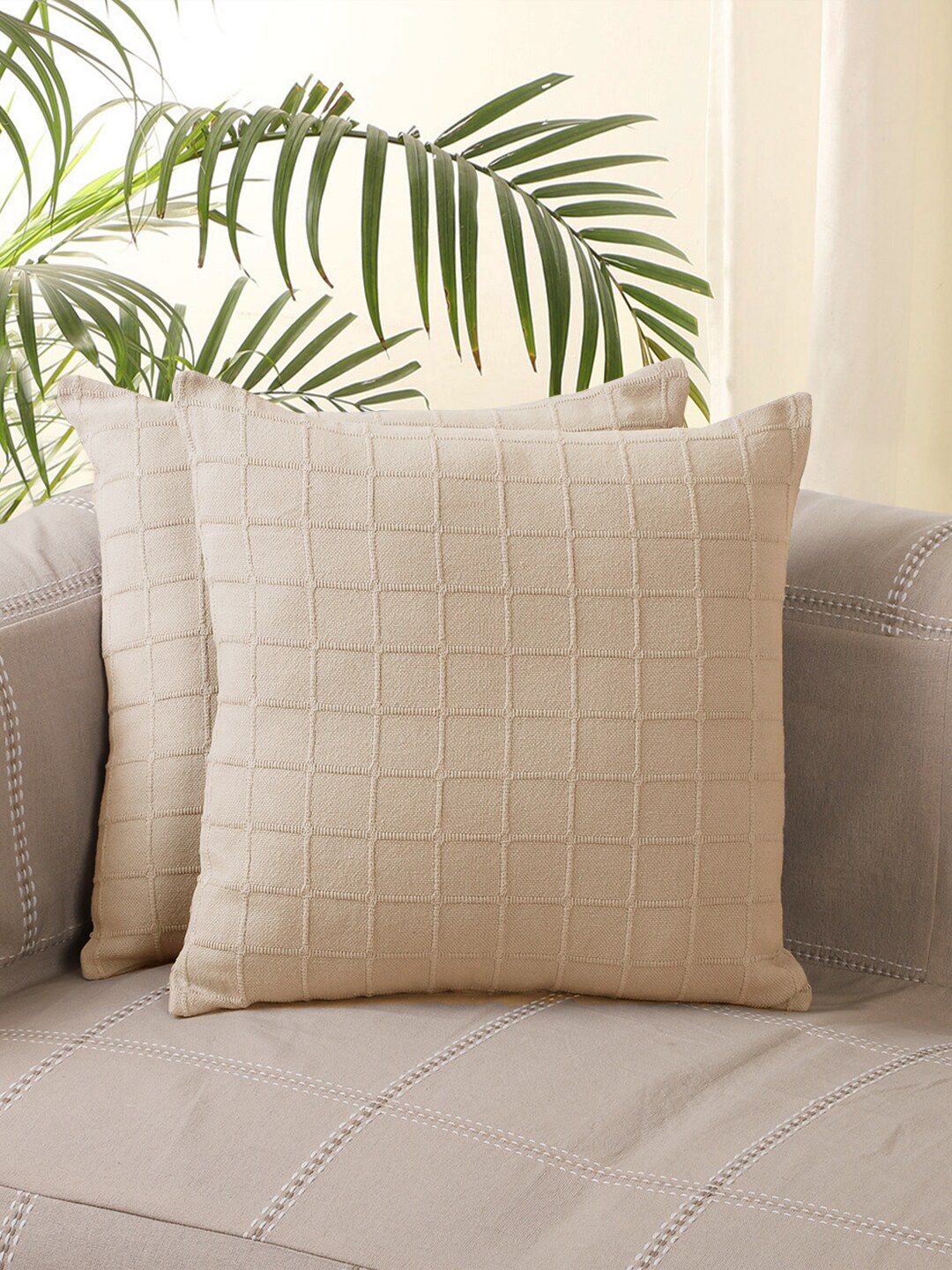 Jamio Firati Beige Set of 2 Geometric Square Cushion Covers Price in India