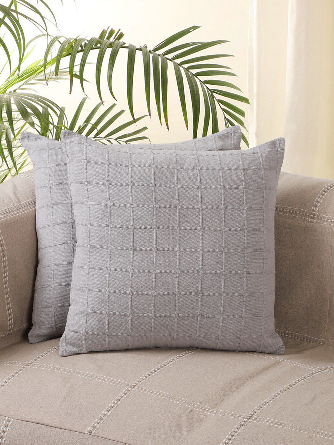 Jamio Firati Grey Set of 2 Checked Square Cushion Covers Price in India