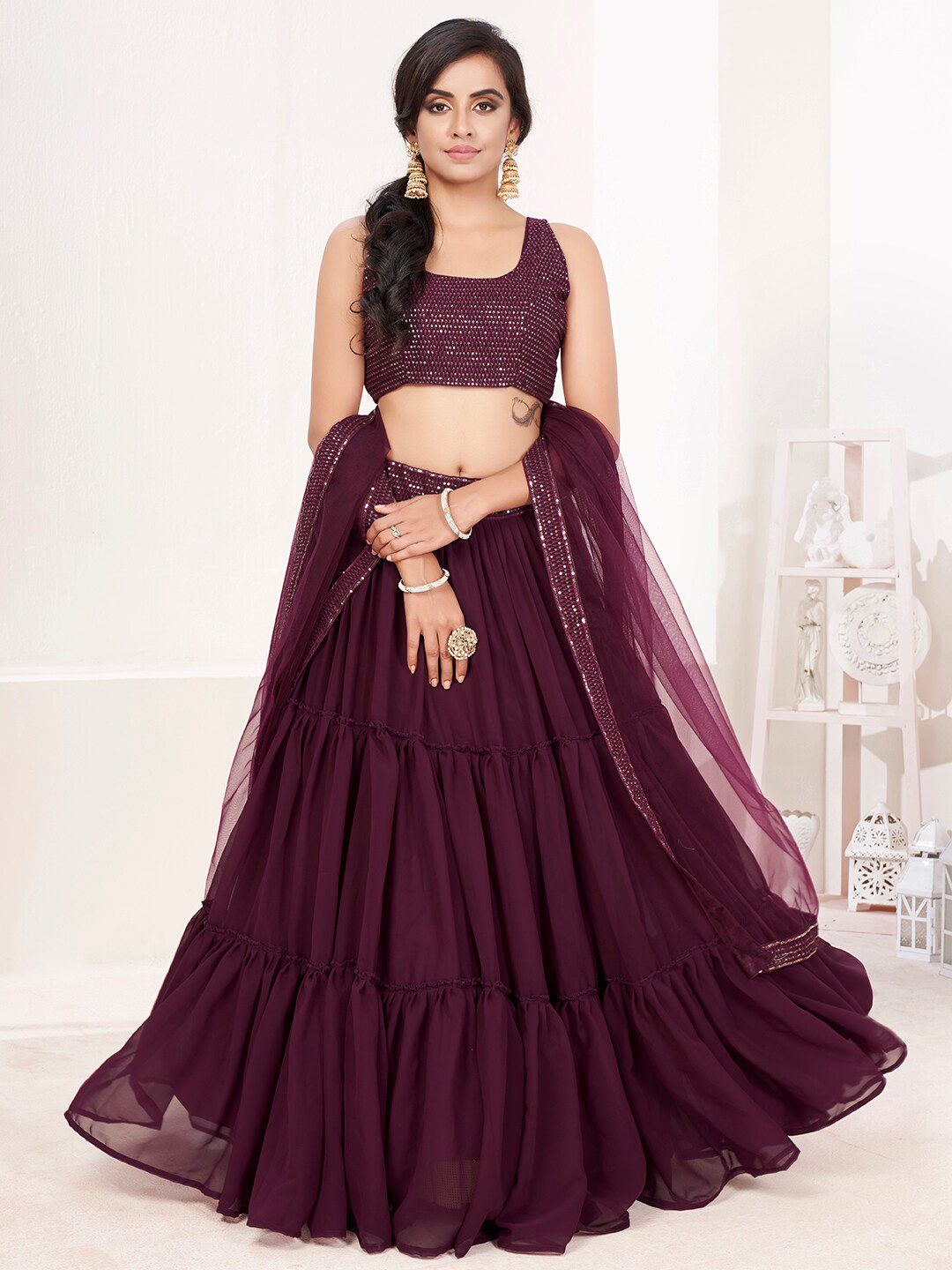 SHOPGARB Purple Embellished Semi-Stitched Lehenga & Unstitched Blouse With Dupatta Price in India