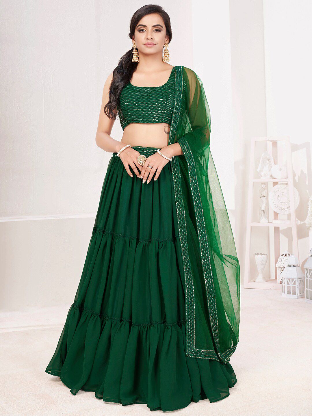 SHOPGARB Green & Gold-Toned Embellished Semi-Stitched Lehenga & Unstitched Blouse With Dupatta Price in India