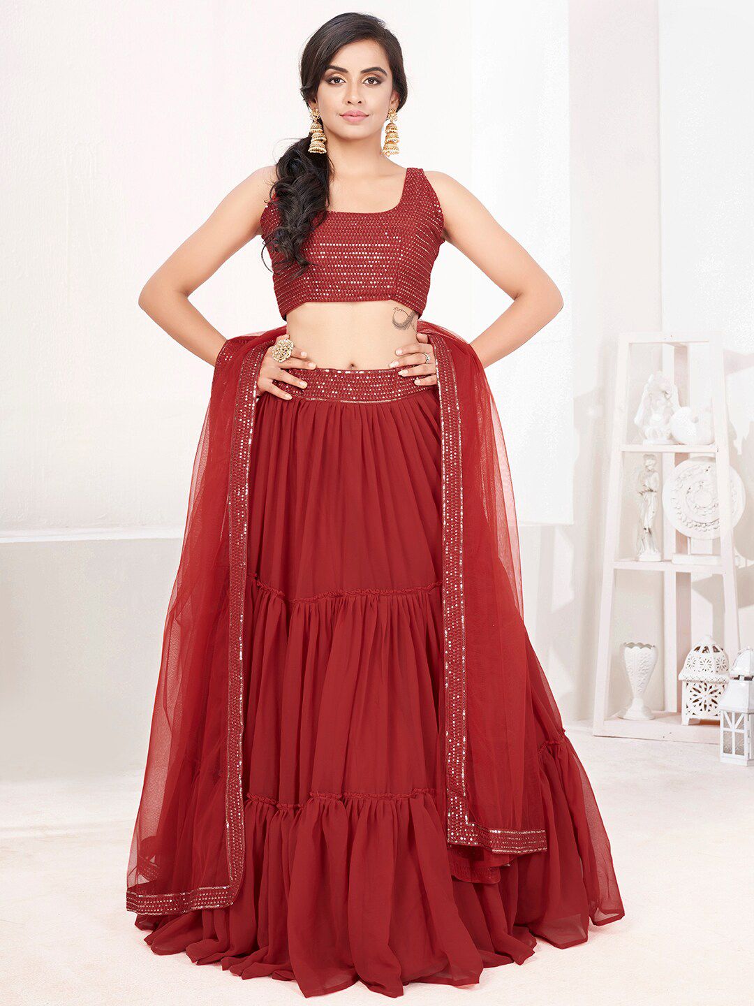 SHOPGARB Red Embellished Semi-Stitched Lehenga & Unstitched Blouse With Dupatta Price in India