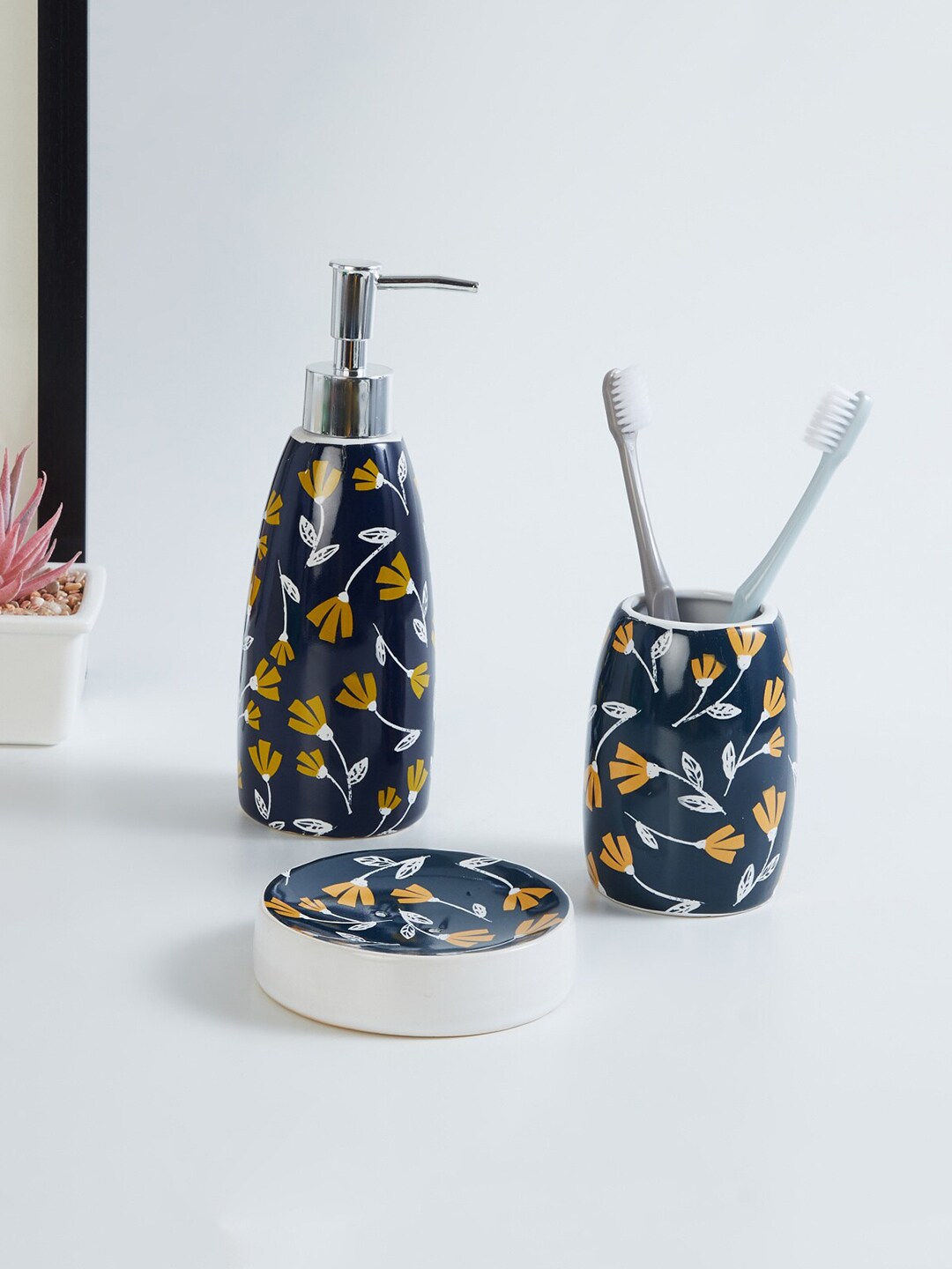 Home Centre Set Of 3 Blue & Yellow Printed Ceramic Bathroom Accessories Price in India