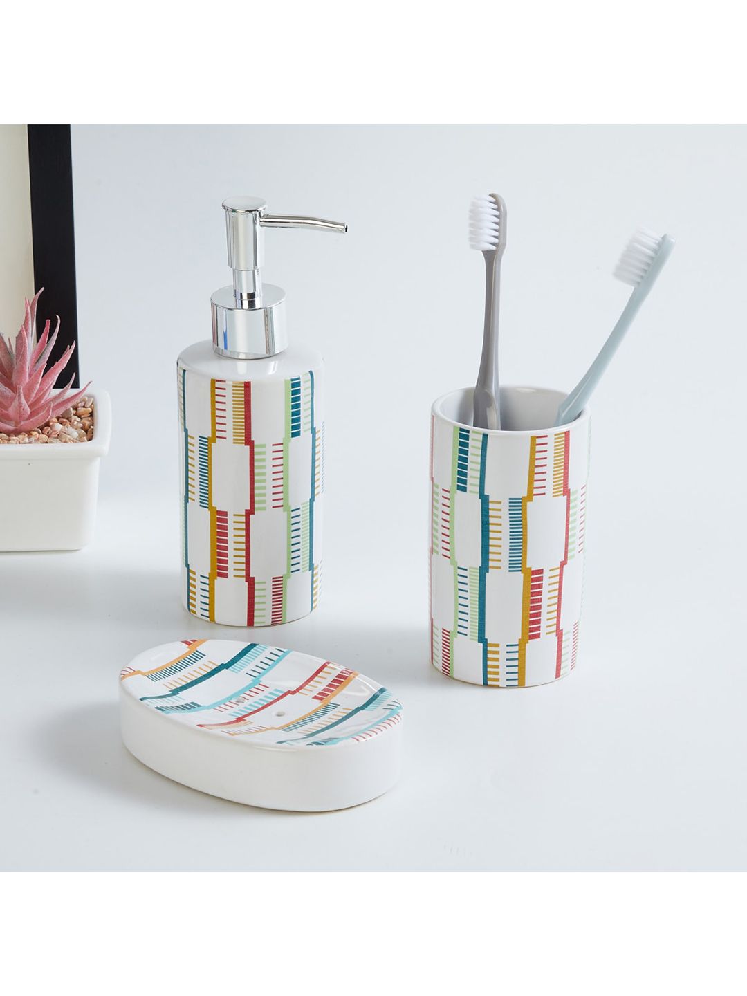 Home Centre Set of 3 Multicoloured Mekong Printed Ceramic Bathroom Accessories Price in India