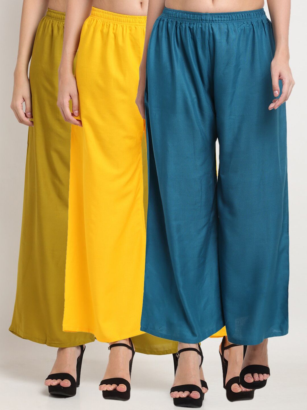 Miaz Lifestyle Women Set Of 3 Blue & Yellow Solid Flared Ethnic Palazzos Price in India