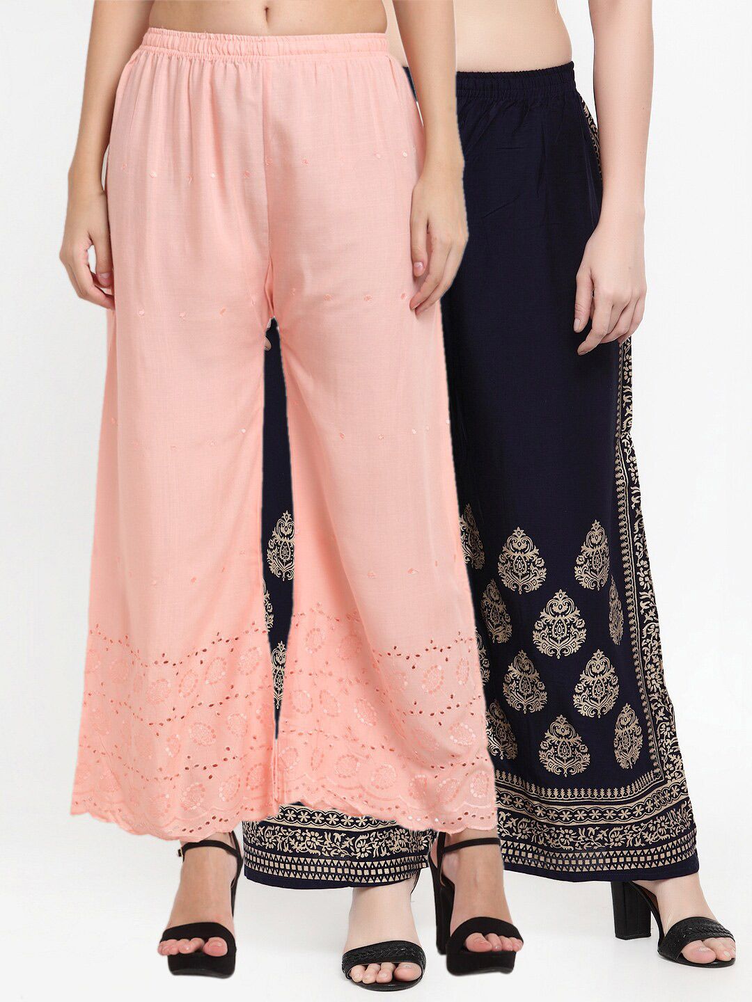 Miaz Lifestyle Women Set Of 2 Peach-Coloured & Navy Blue Flared Ethnic Palazzos Price in India