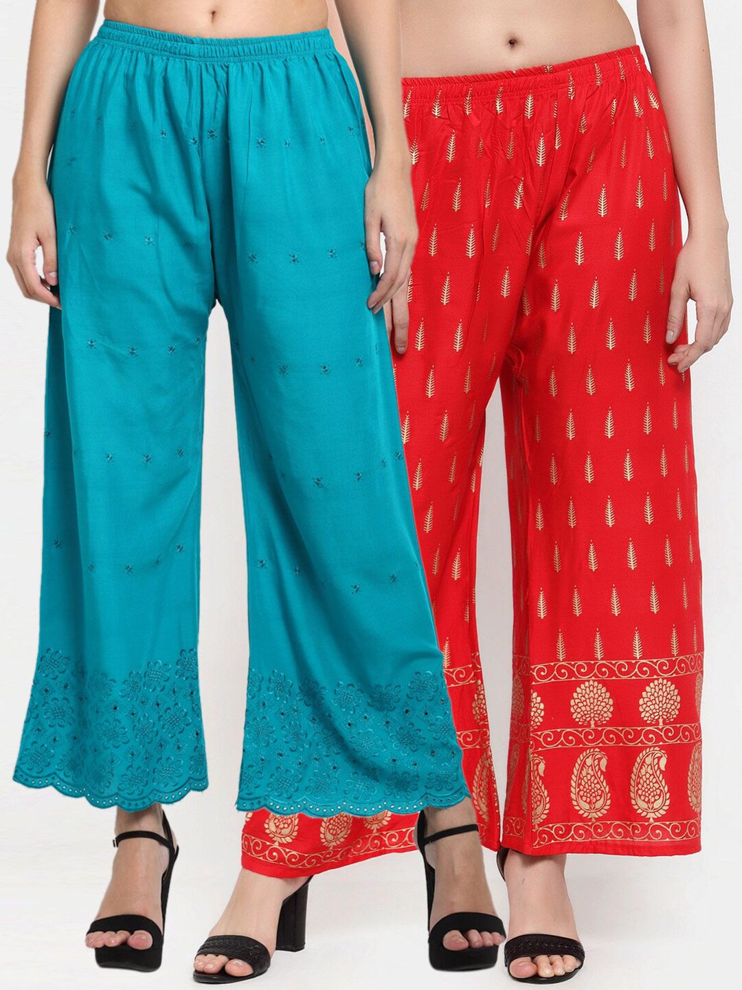 Miaz Lifestyle Women Blue & Red 2 Flared Knitted Palazzos Price in India