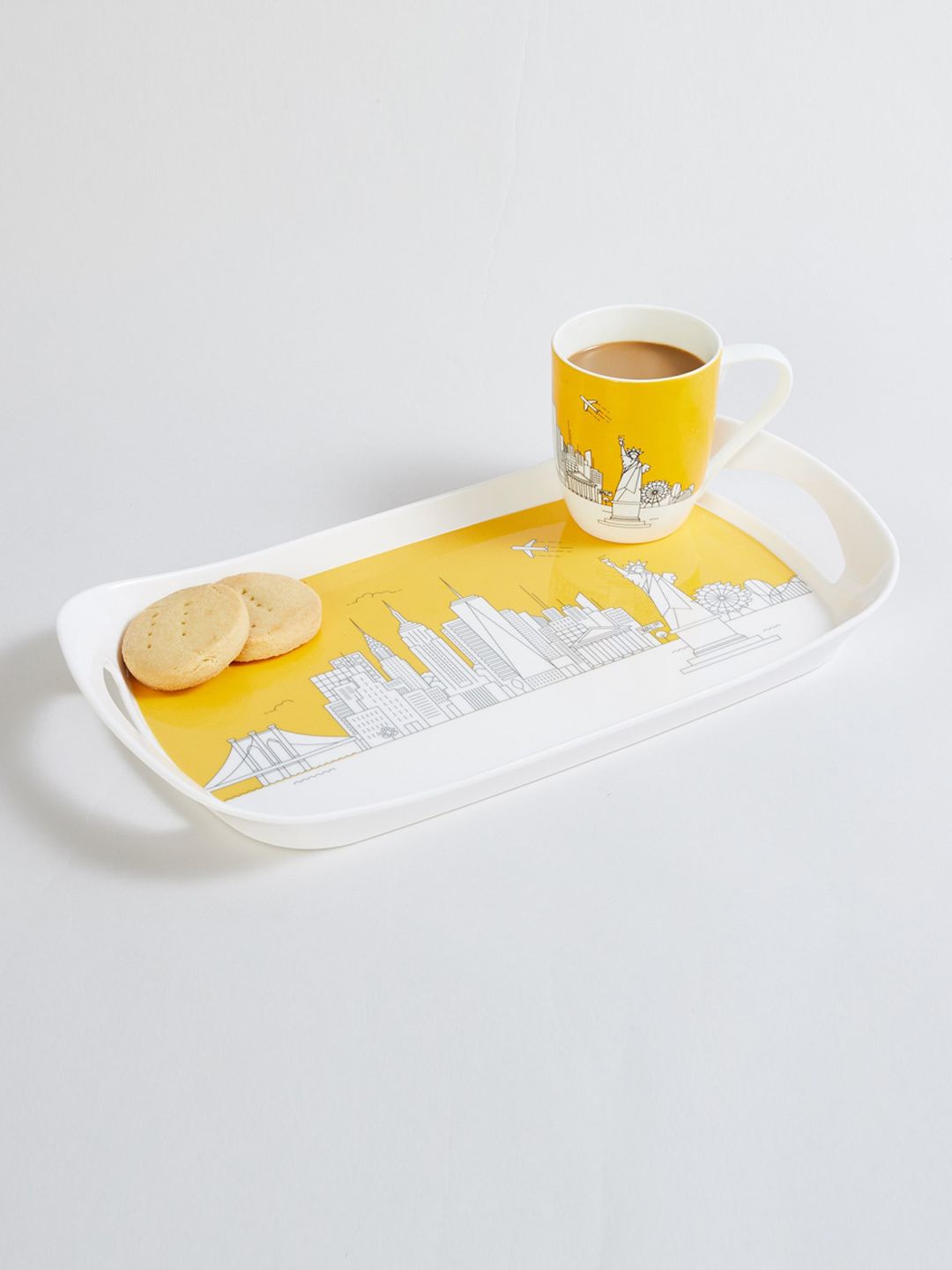 Home Centre Yellow & White Raisa City Scape Rectangle Melamine Serving Tray Price in India