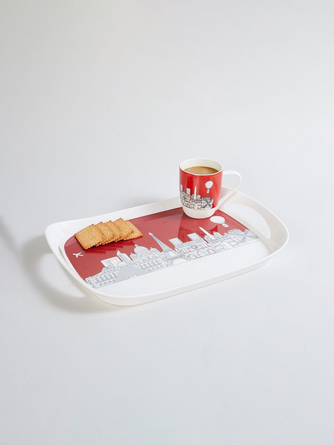 Home Centre White & Red Printed Raisa City Scape Rectangle Melamine Serving Tray Price in India