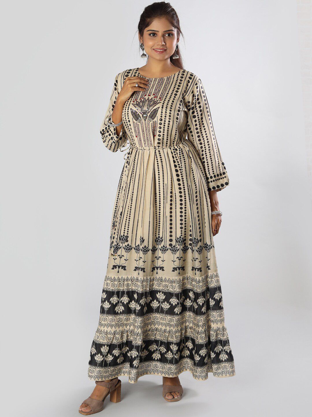 taruni Women Beige & Black Ethnic Motifs Ethnic Maxi Dress Price in India