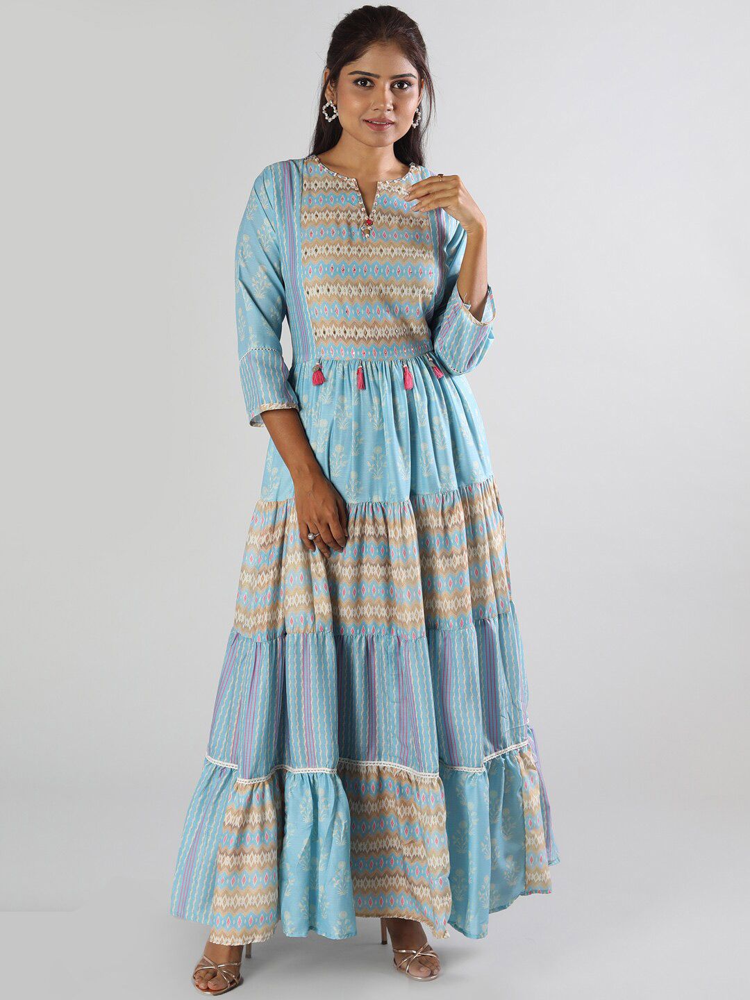 taruni Women Turquoise Blue & Beige Geometric Printed Anarkali Kurta Price in India