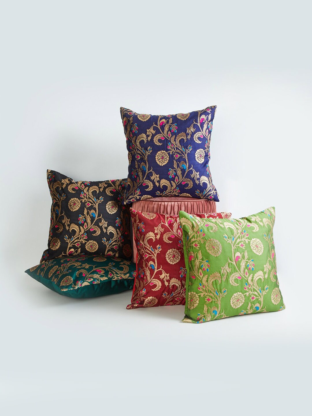 Home Centre Navy Blue & Green Set of 5 Floral Rectangle Cushion Covers Price in India