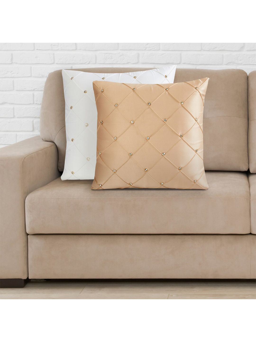 Home Centre White & Cream-Coloured Set of 2 Geometric Square Cushion Covers Price in India
