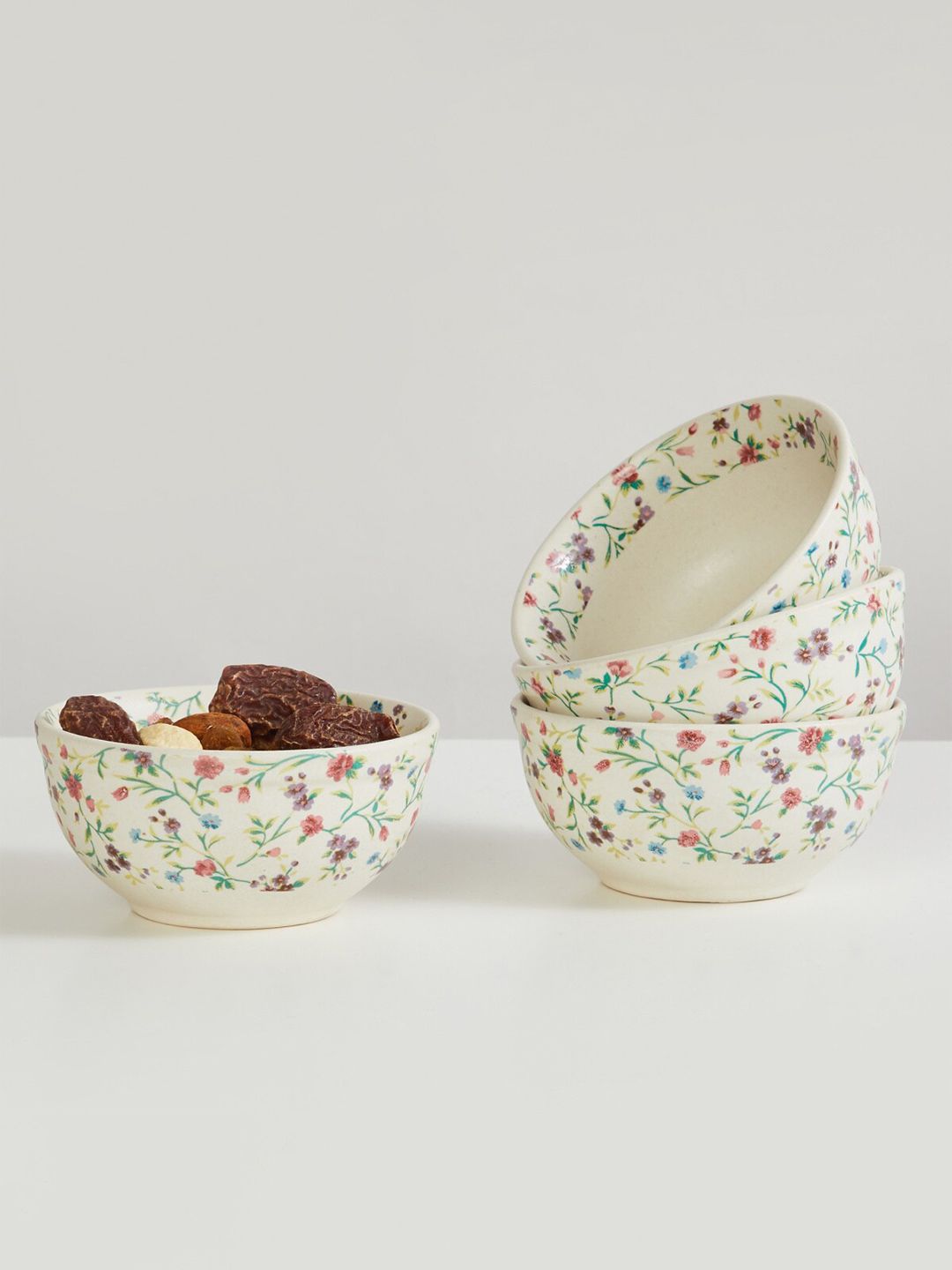 Home Centre Off White & Red 4 Pieces Floral Printed Stoneware Glossy Bowls Price in India