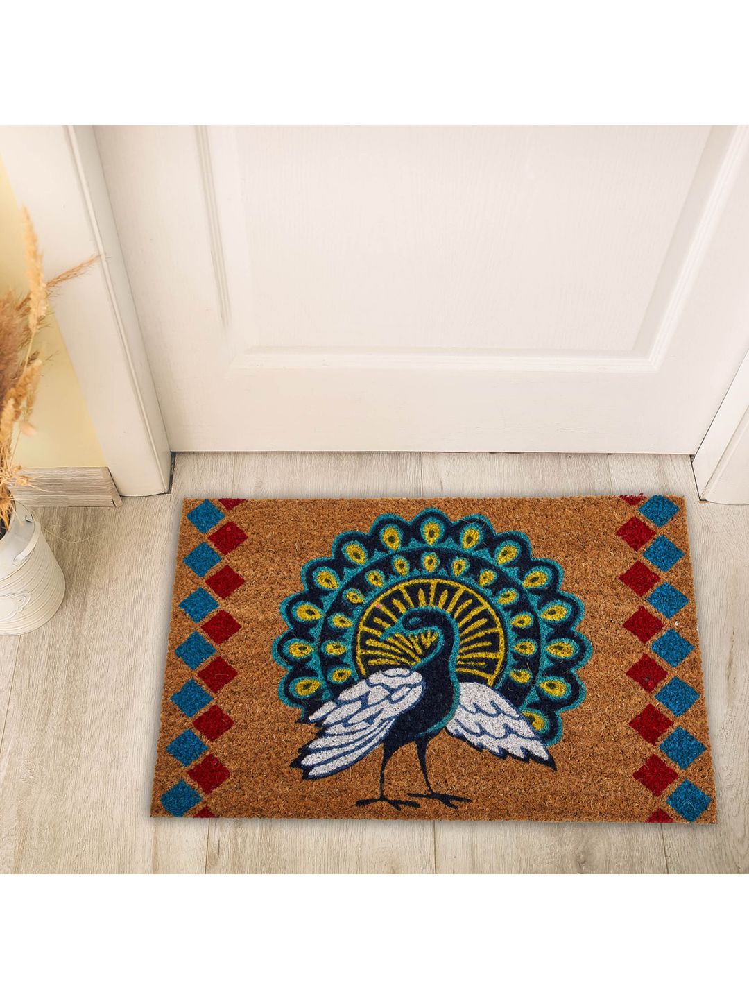 Home Centre Brown & Green Peacock Printed Coir Doormat Price in India