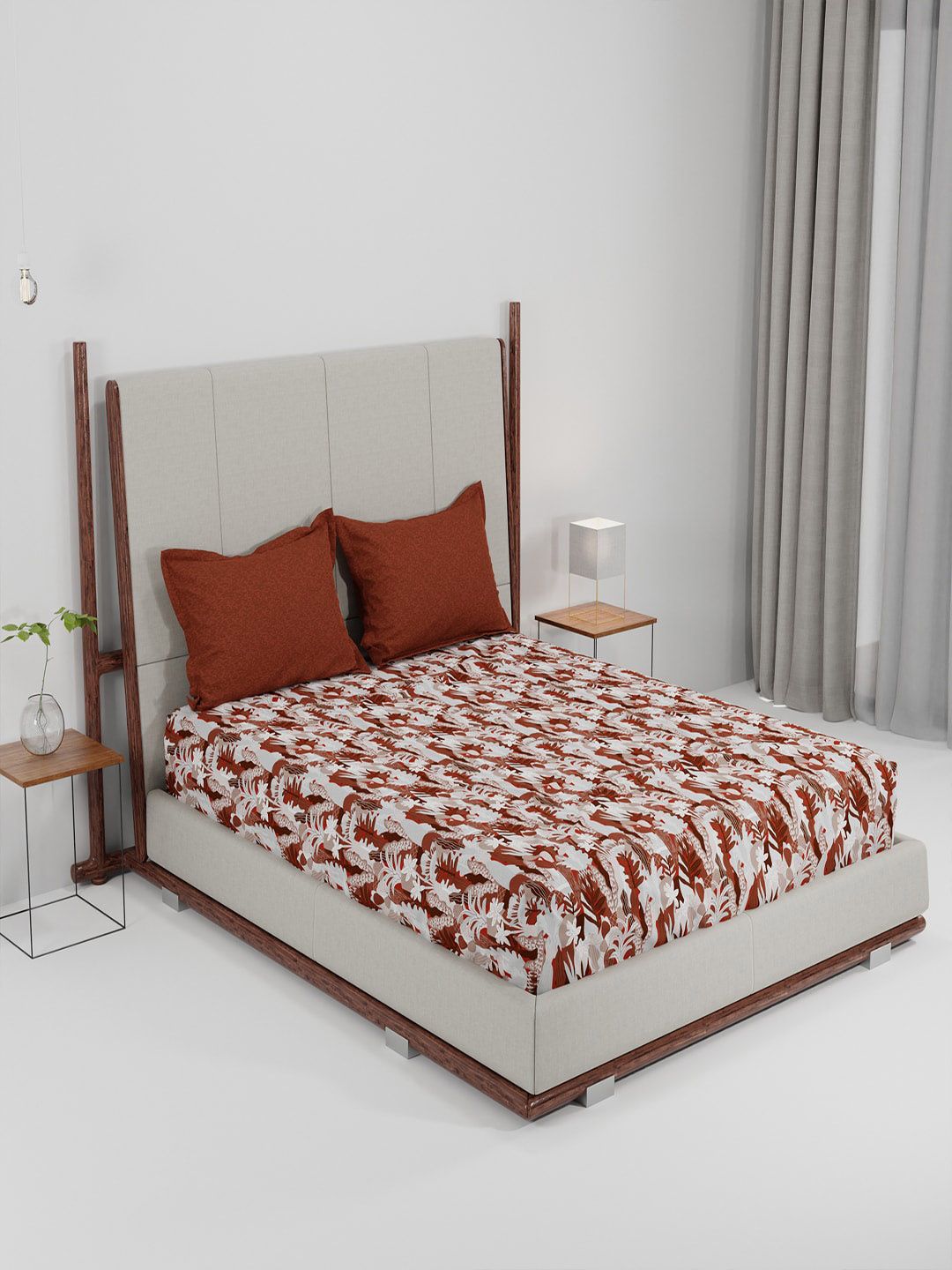 Trident Brown & White Floral 144 TC Queen Bedsheet with 2 Pillow Covers Price in India