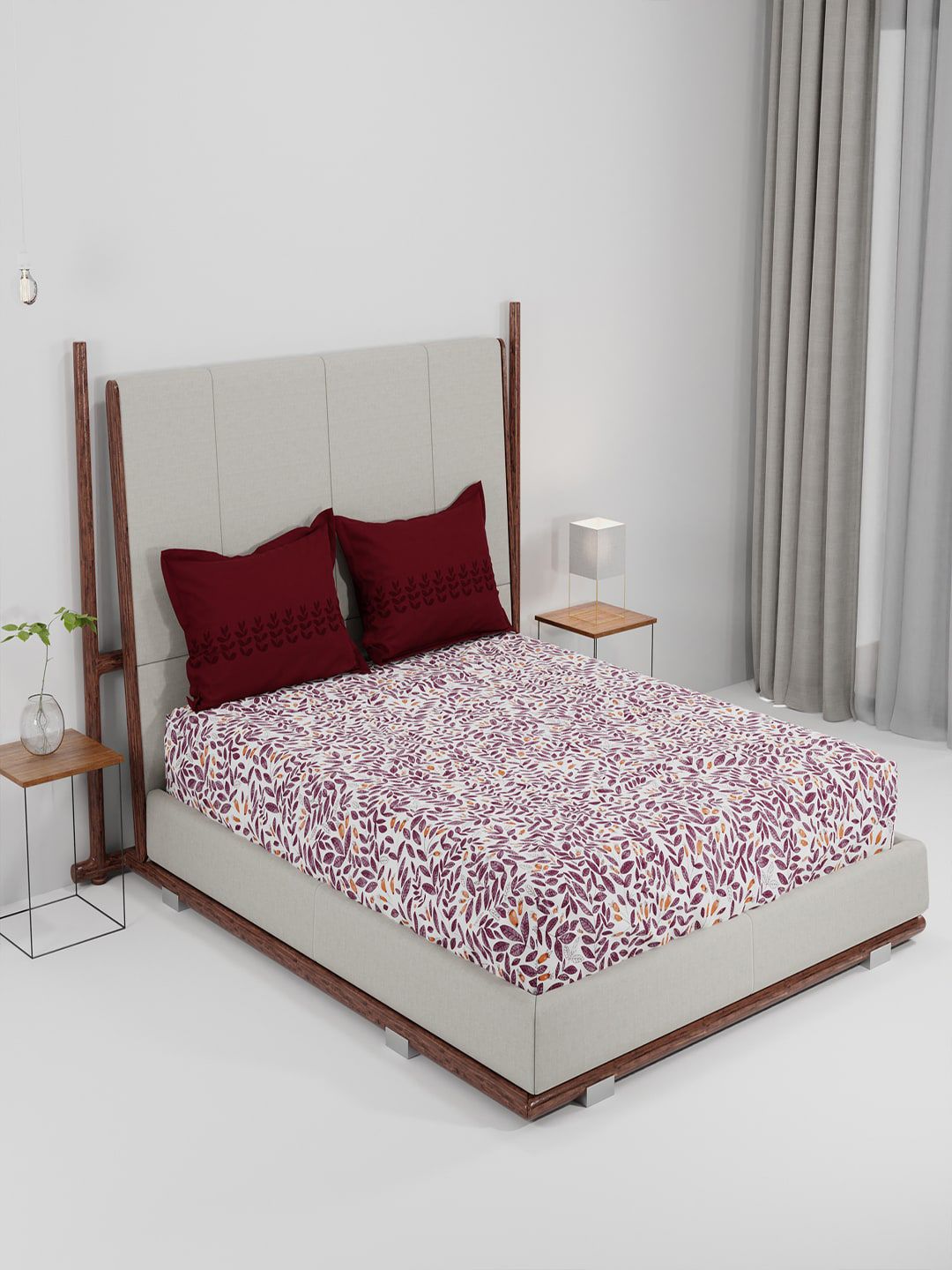 Trident Maroon & Off White Floral 144 TC Queen Bedsheet with 2 Pillow Covers Price in India