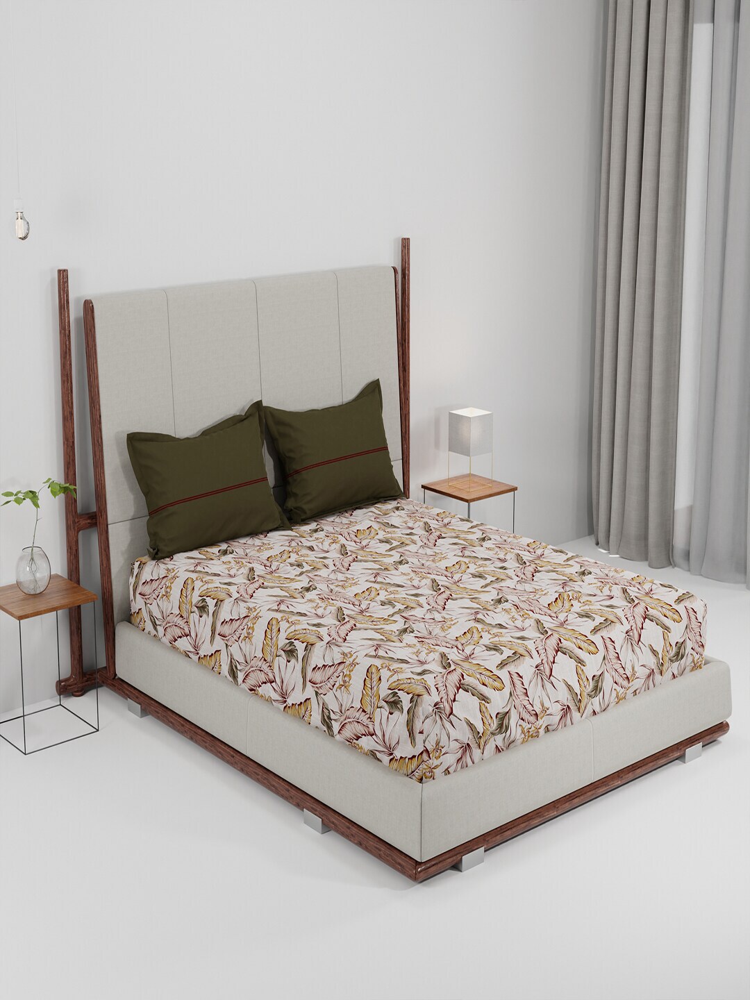 Trident Brown & Cream-Coloured Floral 144 TC Queen Bedsheet with 2 Pillow Covers Price in India