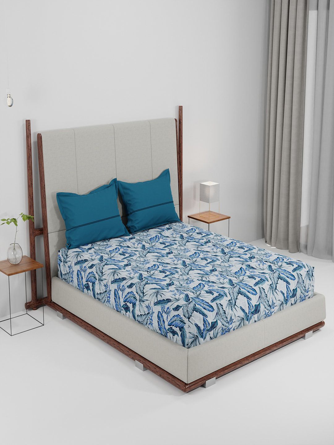 Trident Blue & White Floral 144 TC Queen Bedsheet with 2 Pillow Covers Price in India