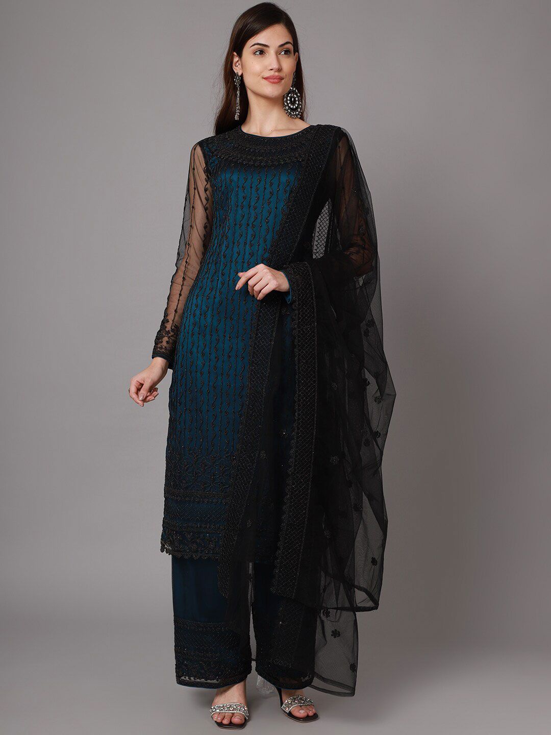 Stylee LIFESTYLE Teal & Black Embellished Unstitched Dress Material Price in India