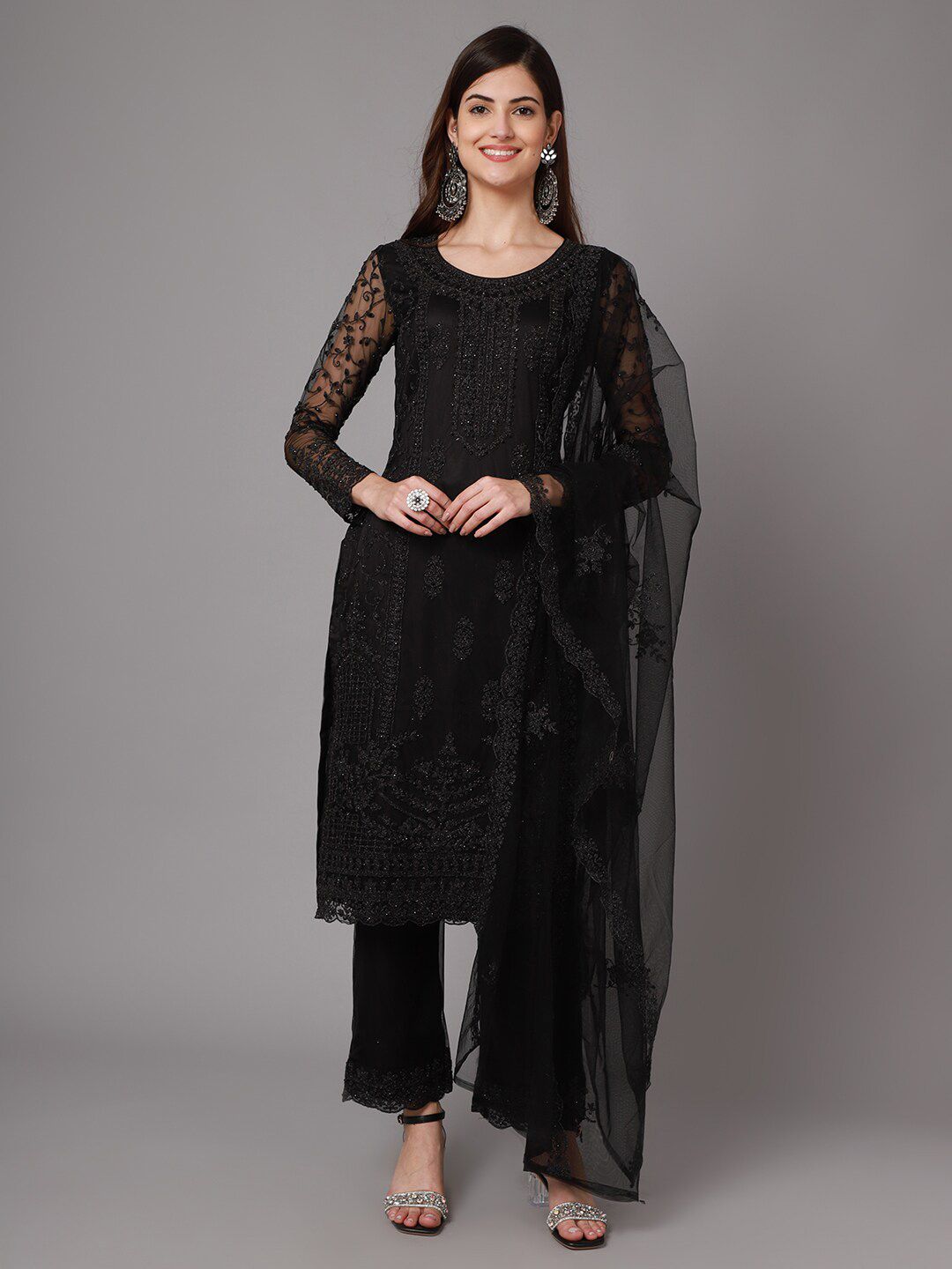 Stylee LIFESTYLE Black Embroidered Net Unstitched Dress Material Price in India