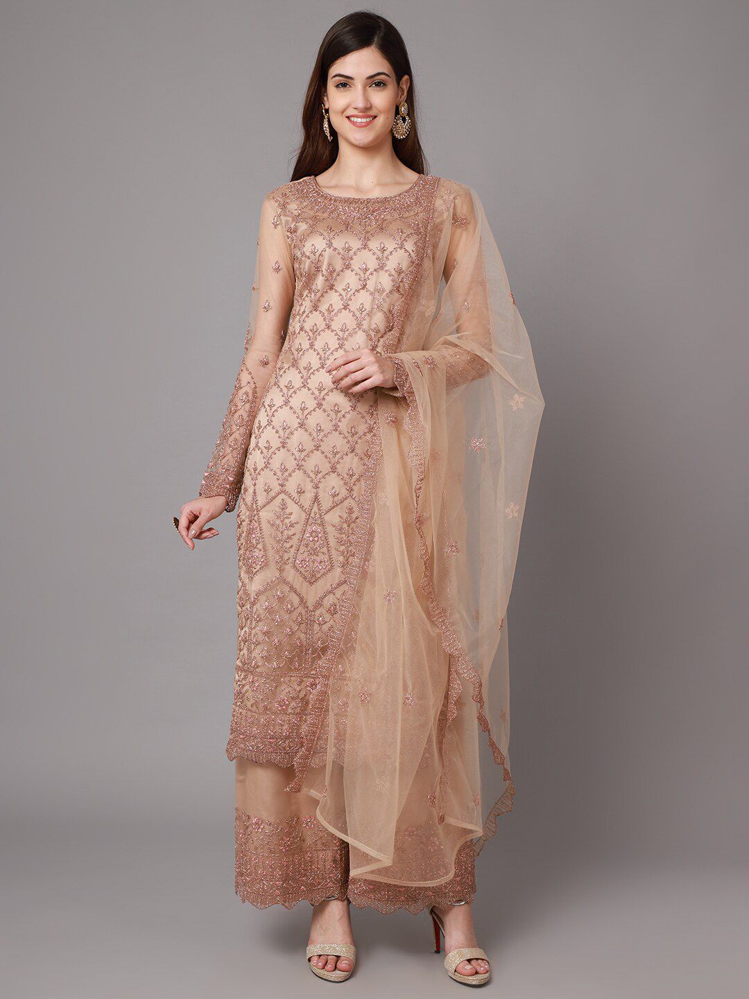Stylee LIFESTYLE Beige Embroidered Unstitched Dress Material Price in India