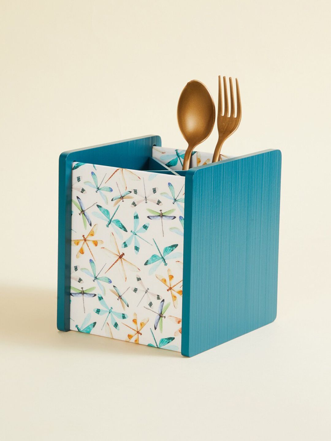 Home Centre Blue & Cream Dragonfly Printed Wooden Cutlery Holder Price in India