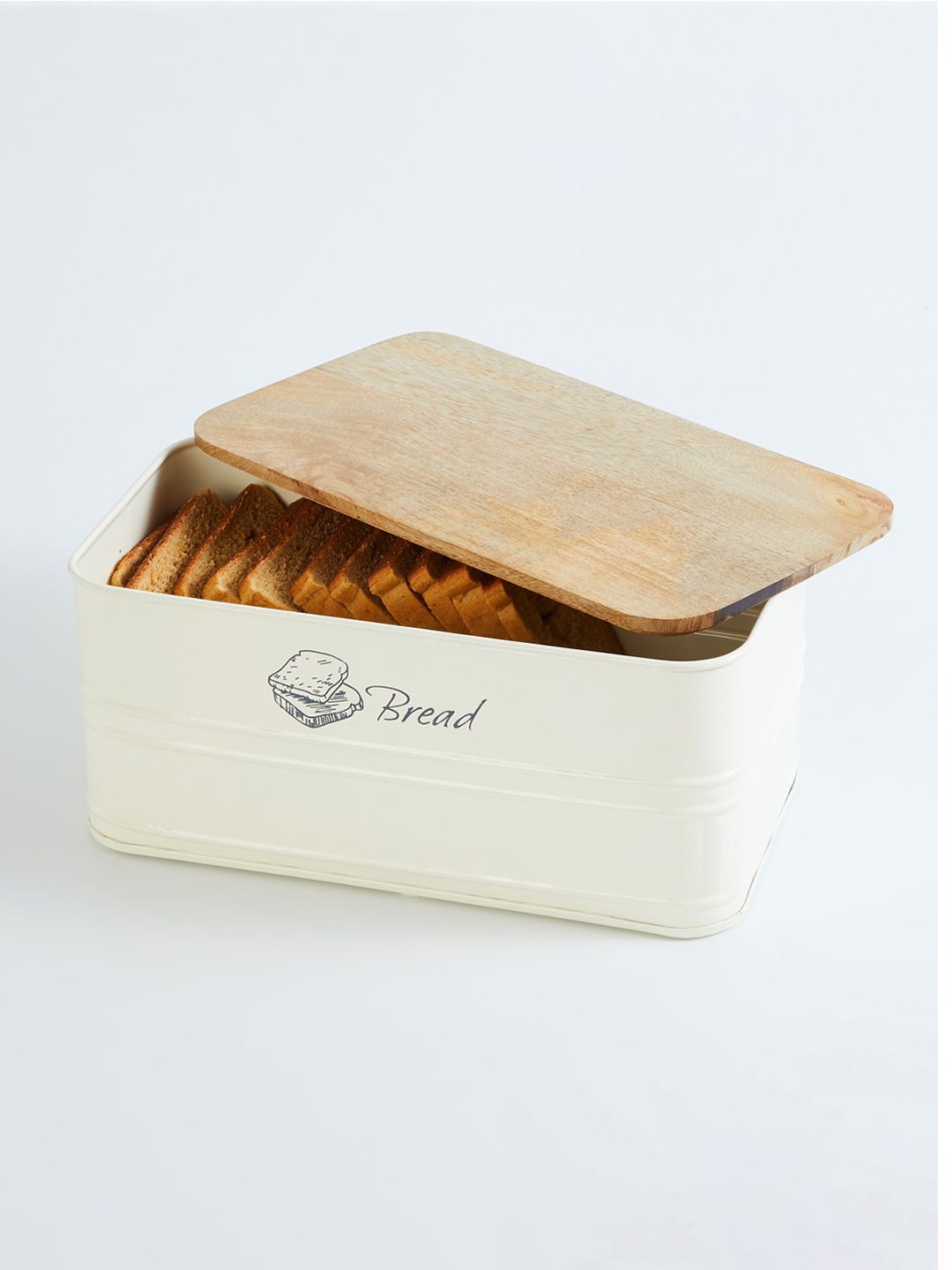 Home Centre Adults Off-White Printed Iron Bread Box with Mango Wood Lid Price in India