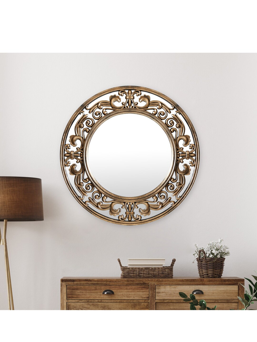 Home Centre Gold-Toned Textured Patterned Glass Frame Decor Wall Mirror Price in India