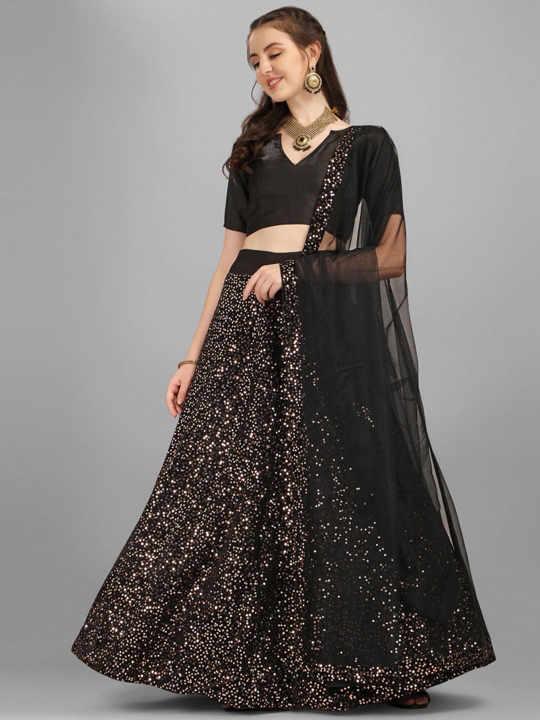 Satrani Black & Peach-Coloured Dyed Sequinned Semi-Stitched Lehenga & Unstitched Blouse With Dupatta Price in India