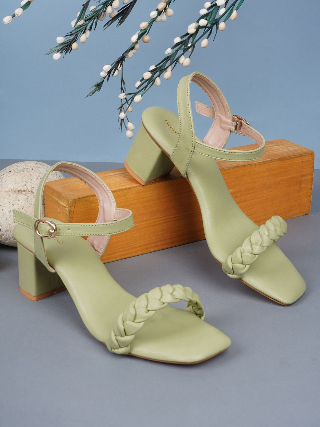 HEELSNFEELS Green Textured Party Block Heels Price in India