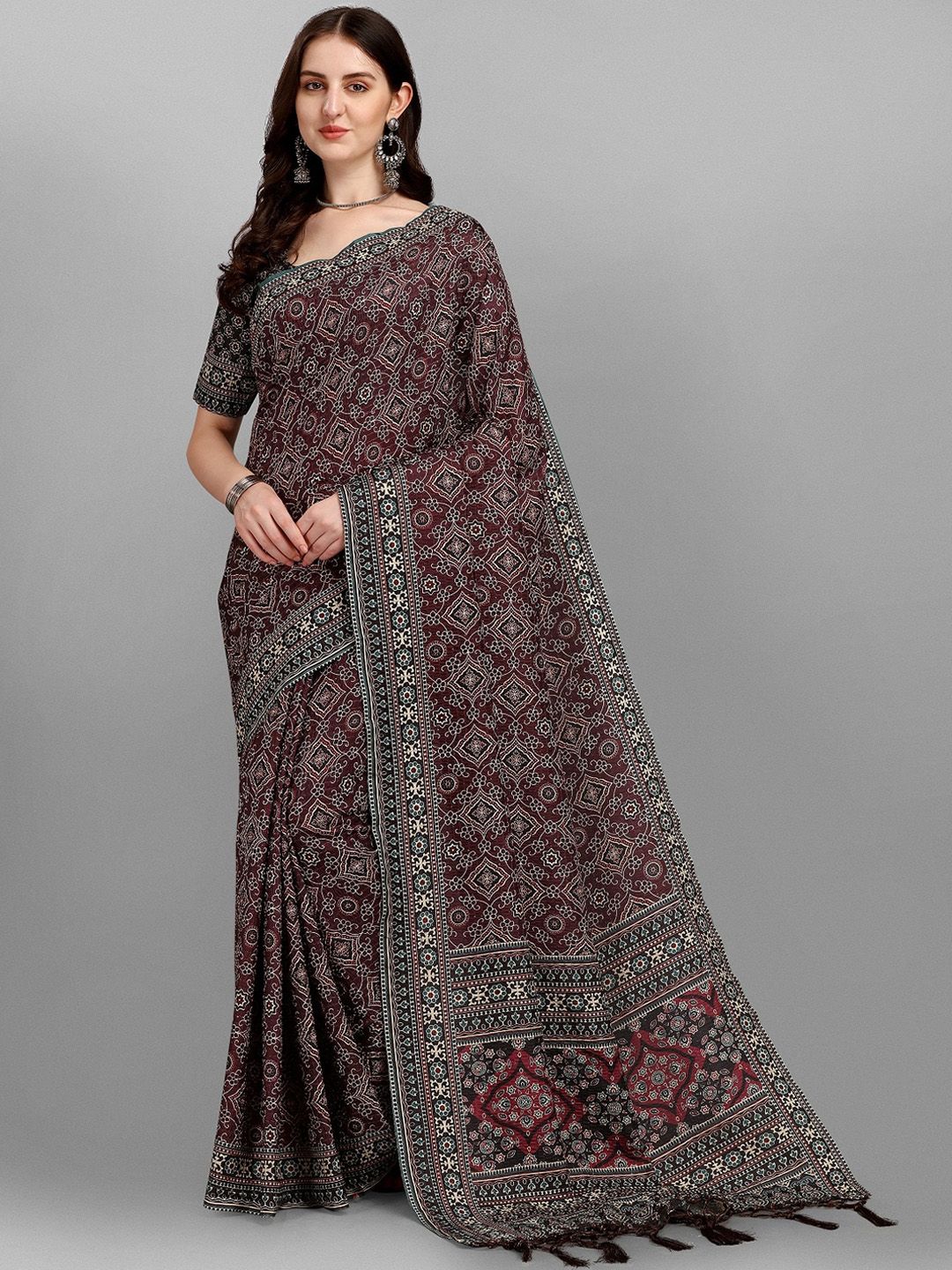Fashion Basket Brown & Grey Ethnic Motifs Silk Blend Saree Price in India