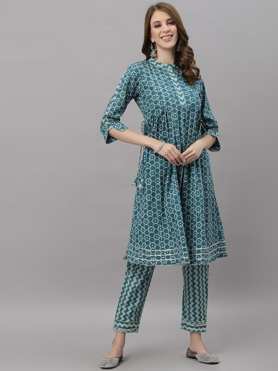 Ragavi Women Blue Ethnic Motifs Printed Empire Pure Cotton Kurta with Trousers Price in India