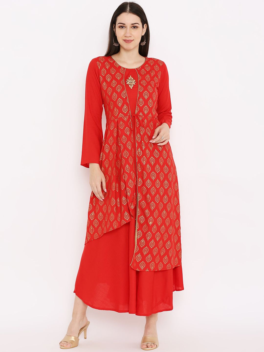 Peppertree Red & Golden Ethnic Motifs Layered Ethnic Midi Dress Price in India