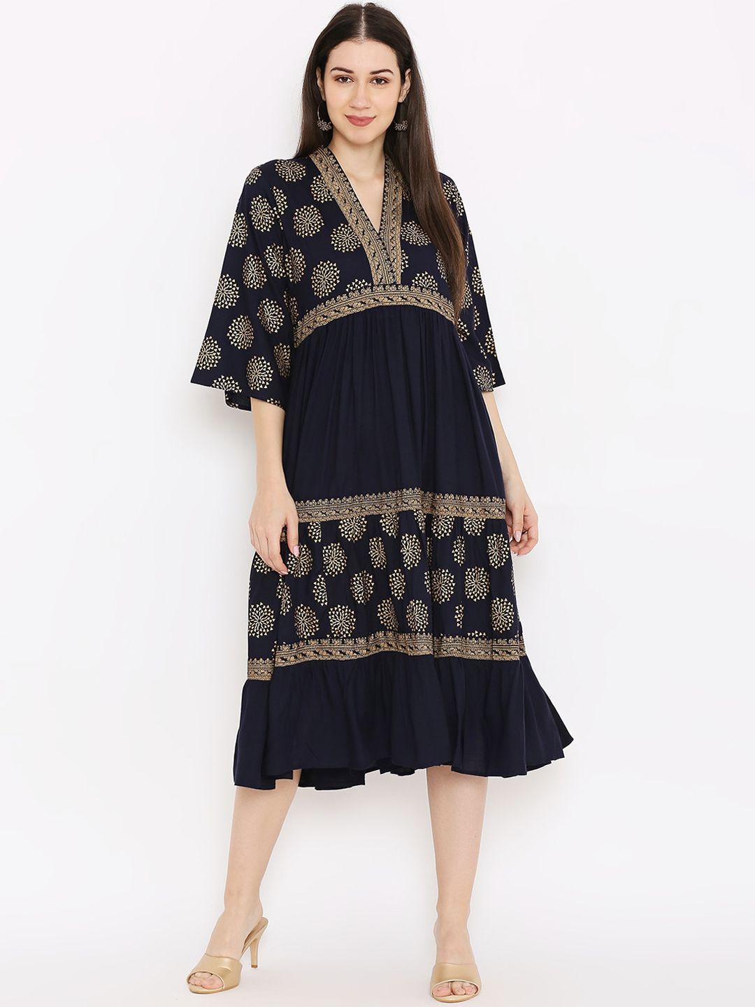 Peppertree Women Blue & Gold-Toned Ethnic Motifs Printed Fit & Flare Dress Price in India