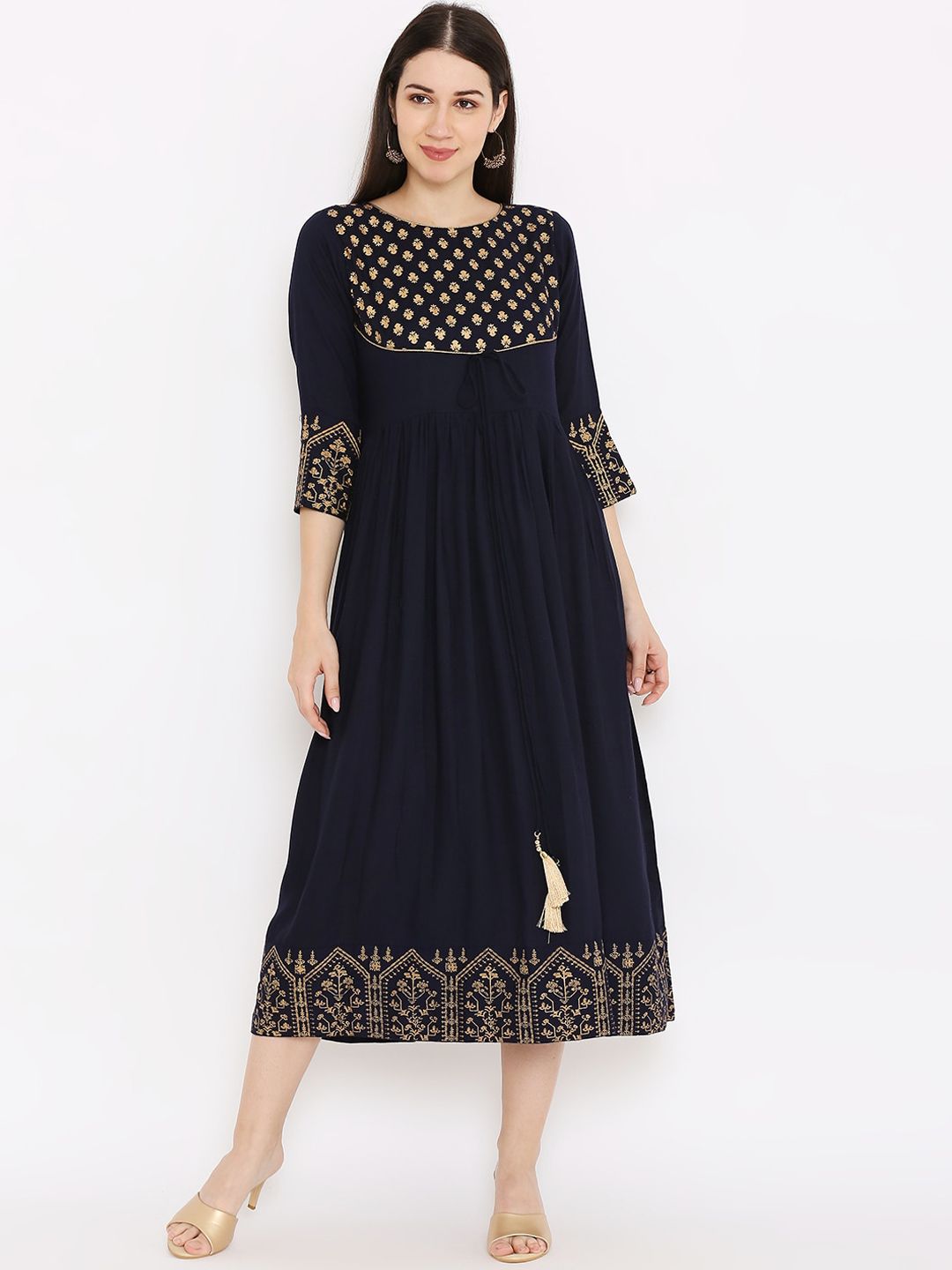 Peppertree Women Navy Blue & Gold-Toned Ethnic Midi Dress Price in India