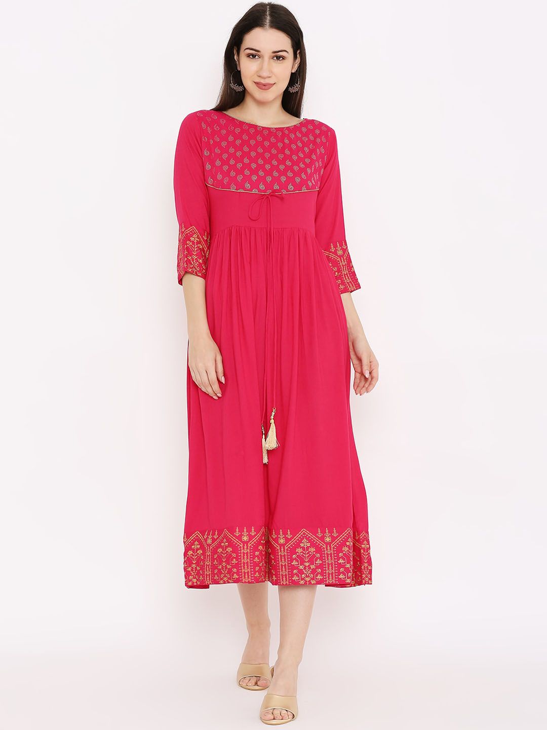 Peppertree Pink & Gold-Toned Ethnic Motifs Ethnic Midi Dress Price in India