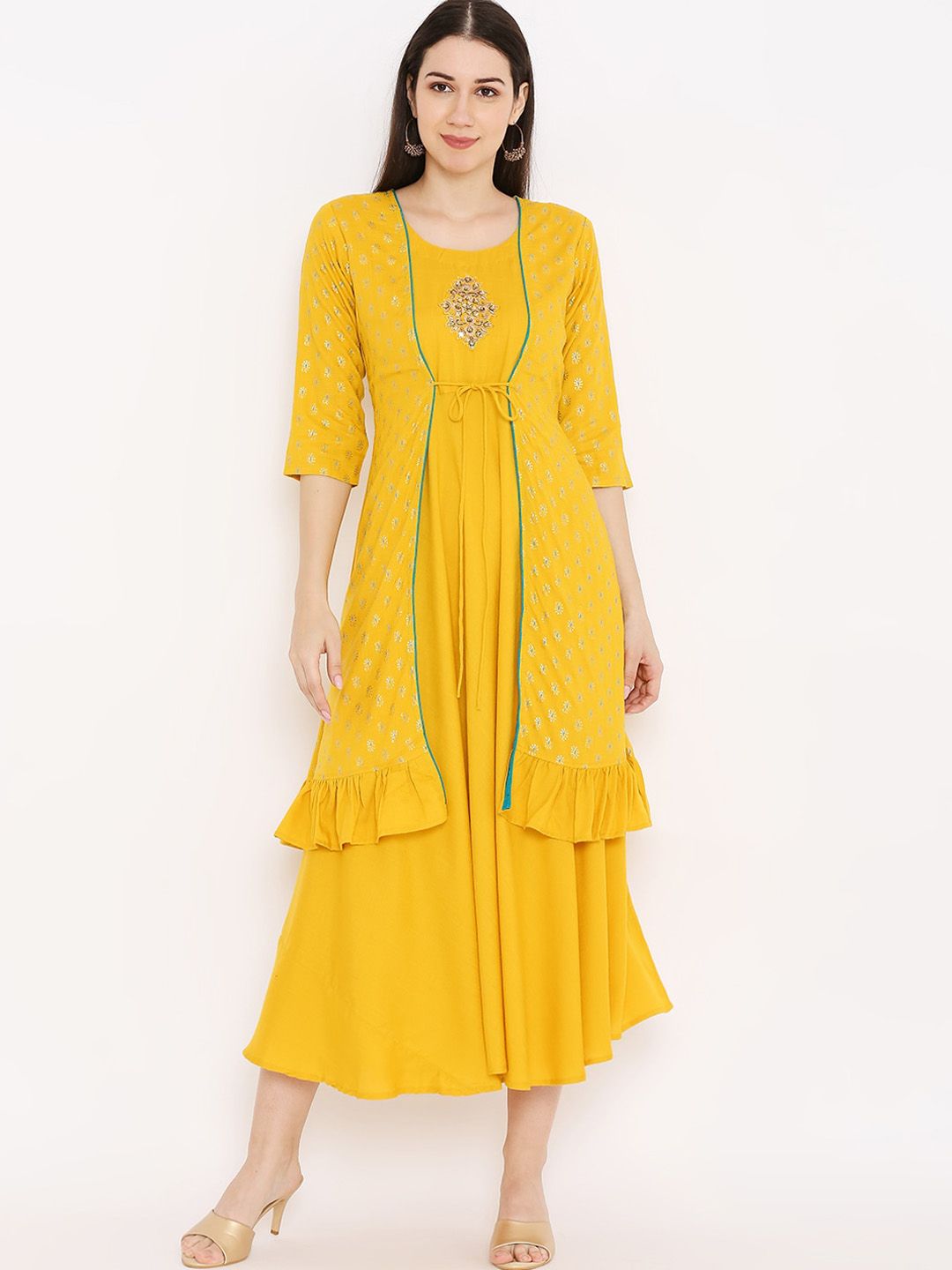 Peppertree Yellow & Golden Ethnic Motifs Layered Ethnic Midi Dress Price in India